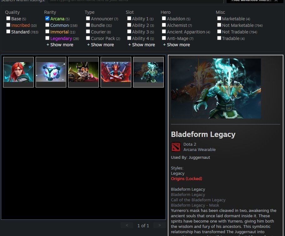 Account with Arcanas and Immortal Items from Battle Passes (Compendiums), Sale, 1500 MMR, 4000 Behavior score, 1483 games, 1827 hours