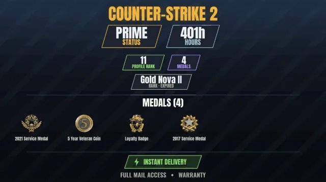 【CS2 Prime🎯401h👑4 medals】 Service Medal 2017, Service Medal 2021, Loyalty Badge, Coin, Sale, Inventory empty, Has PRIME