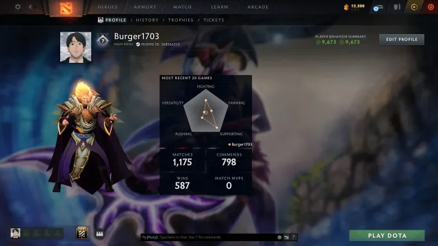 Страж 1 | 1175 матчей | 9K порядочность, Продажа, 793 MMR, 9673 порядочности, 9673 вежливости, 1175 матчей, 1320 часов