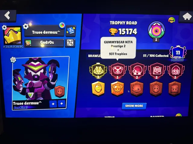 bea 3rd prime, Nita 2931, Edgar 2600, 15134 trophies, 51 brawlers, 11 primes
