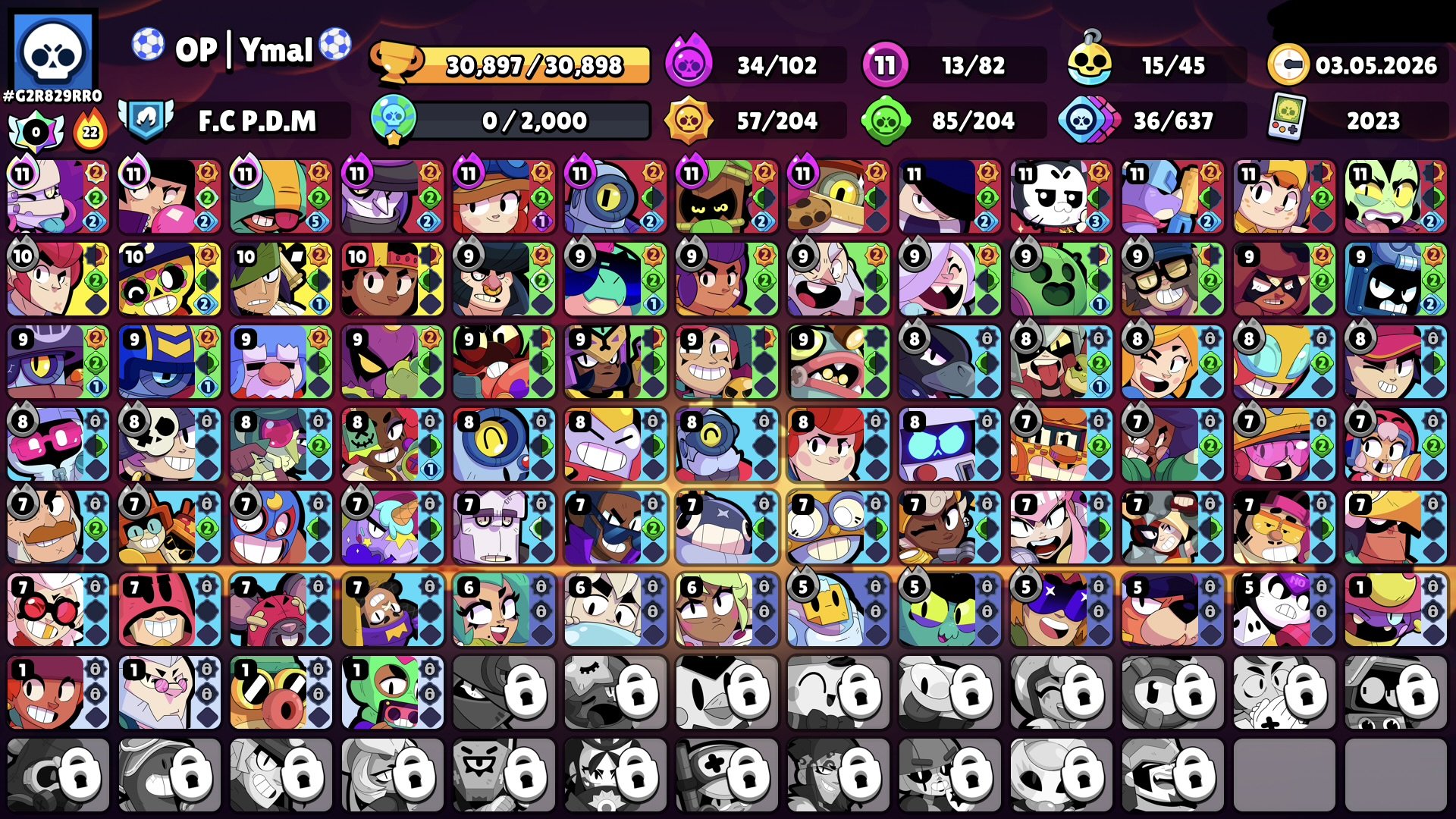 ⚡13×11 POWER⚡🎴 166 SKINS🎴🏁SPORTSMAN STU🏁🐉GODZILLA BUZZ🐉📧FIRSTMAIL📧, trophies 30897, brawlers 82, primes 11