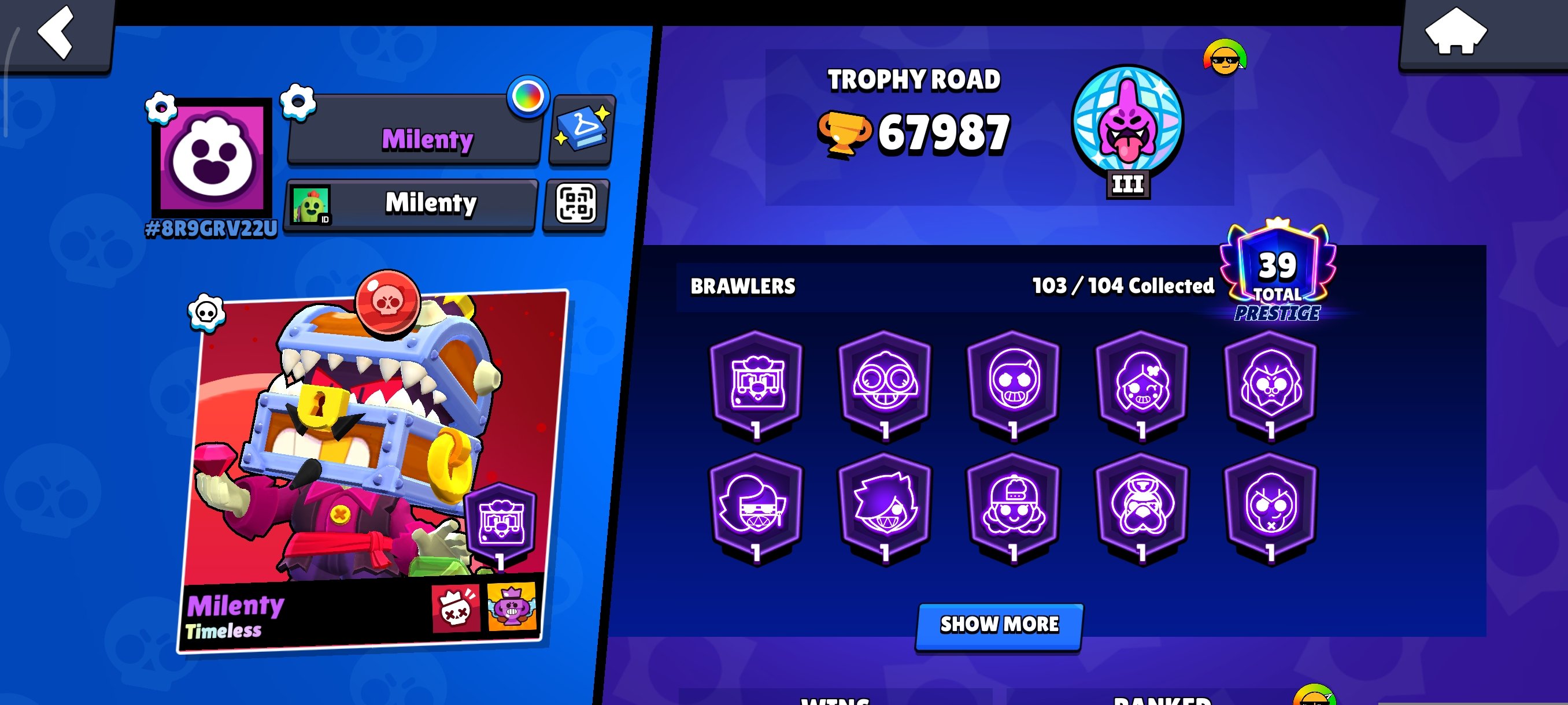 🏆67987 CUPS, 39 PRIME POINTS, OLD PERSONAL ACCOUNT WITH A LARGE AMOUNT OF DONATIONS, trophies 67987, brawlers 103, primes 39