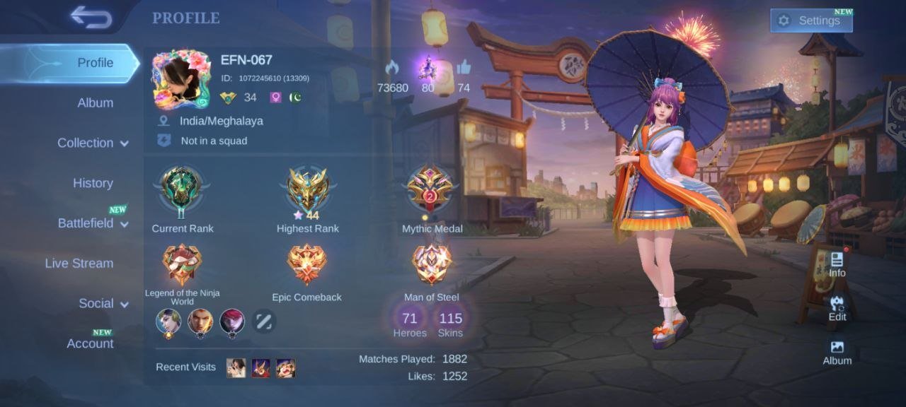 🔥Allstar moskov Prime Granger KOF Karina LUCKYBOX kaja Gaara Vale 🔥EPIC Irthil khufra valir, Sale, Rank: Mythic, Level: 34, Winrate: 50%, Heroes: 71, Skins: 115