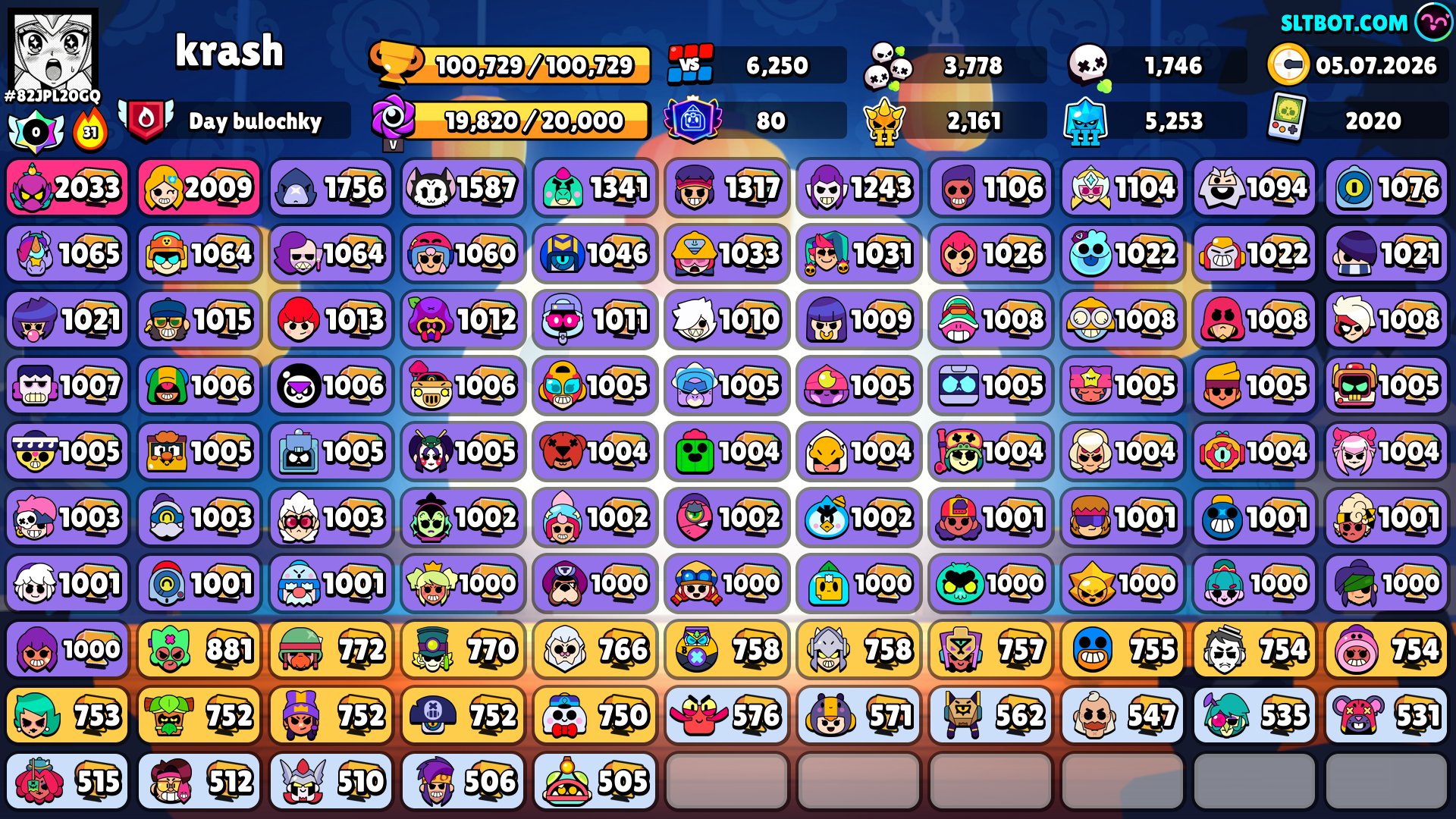 100k • 104/104 • 80 Primes • 347 Skins • 9 Leg Skin • Luna II • +Clash Royale 7750 • 2020 account, trophies 1020000, brawlers 104, primes 85