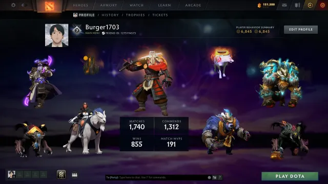 Held 2 | Arcana Juggernaut | Persönlichkeit Mirana | 488 Skins | 1740 Spiele, Verkauf, 2477 MMR, 6845 Ehrlichkeit, 6845 Höflichkeit, 1740 Spiele, 1573 Stunden
