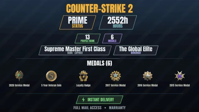 CS2 Prime🎯2500h👑6 medals Medal for Service 2015, Medal for Service 2016, Medal for Service 2017, Sale, With inventory, Has PRIME