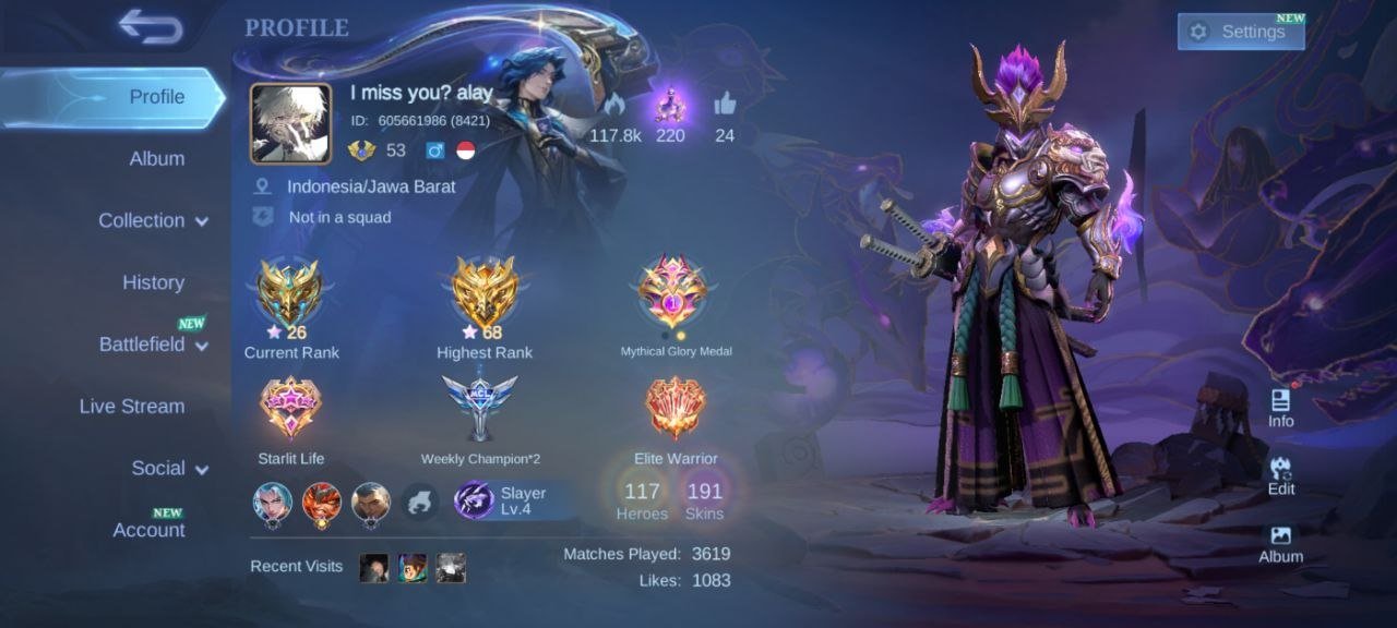 KOF dyrotth Karina Prime Claude LUCKYBOX estas saber Star Lesley deluxe 27 EPIC valir lunox, Sale, Rank: Mythic, Level: 68, Winrate: 51%, Heroes: 117, Skins: 191
