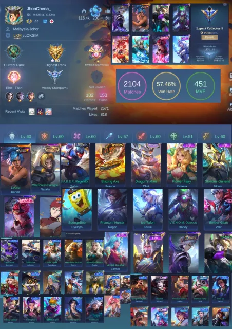 [SEA/GLOBAL] Ex-Glory 50⭐| 153 Skins | Collector, KOF Karina, Gaara, High WR 57.4%, Sale, Rank: Epic, Level: 44, Win Rate: 57%, Heroes: 102, Skins: 153