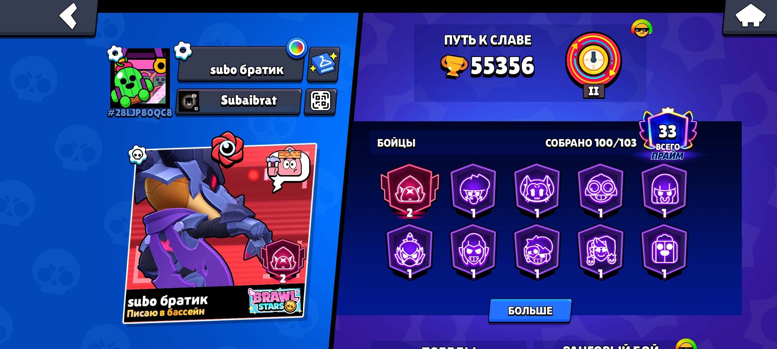 🔥Bs+Clash Royale 240 Skins, 100 Fighters, Mythic 1,, trophies 55000, brawlers 100, primes 34