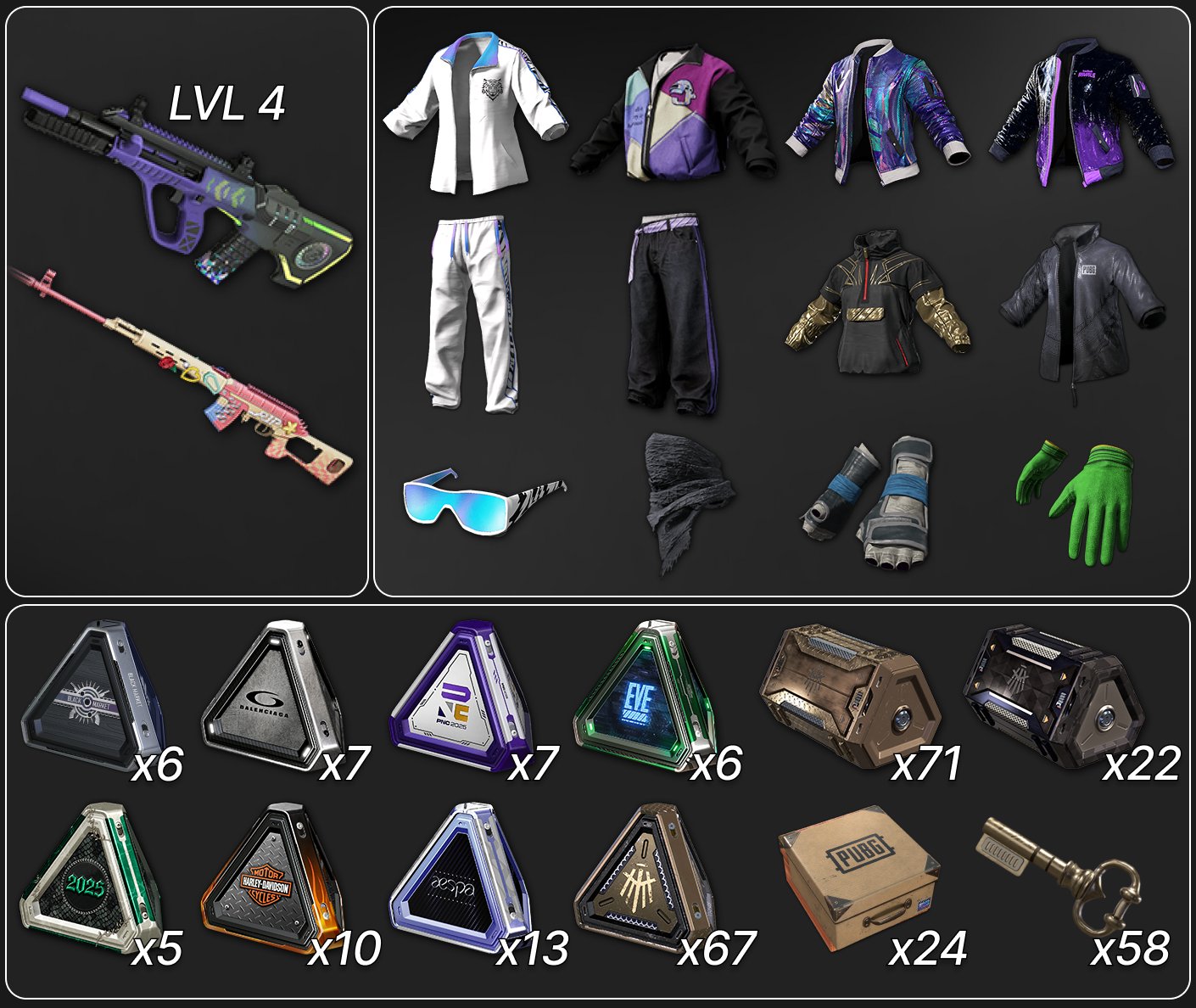 💖[PROGRESSIVE] NEON DREAM AUG (LVL 4) + REST IN PINK DRAGUNOV💖🔥240 CHESTS🔥🎀MANY SETS🎀, No BATTLEGROUNDS Plus