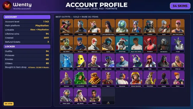 🔥 [FORTNITE] OG STW, Ride The Pony, Blue Striker, Blue Team Leader — 54 skins | 1143 level, Sale, skins 54