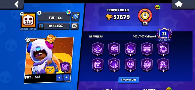 Cool account played for 5 years, 57679 trophies, 107 brawlers, 21 primes