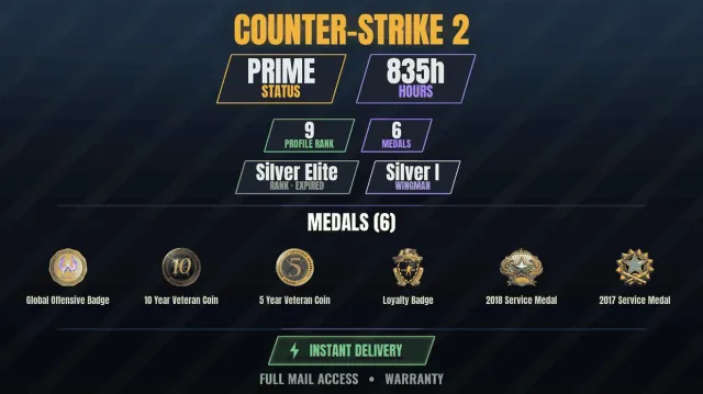 【CS2 Prime🎯835h👑6 medals】 10-year veteran coin, Service medal 2017, Service medal, Sale, With inventory, Has PRIME
