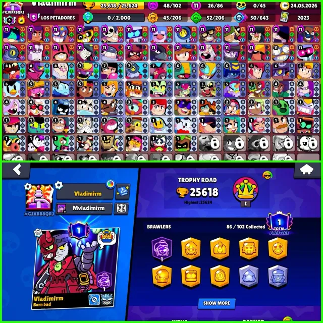 BS + CR Combo ► CR 20× Evolutions ► 34 Cards Max ► BS 26K Trophies ► 24× Hypercharged ► 86 Brawler, 26000 кубков, 86 бравлеров