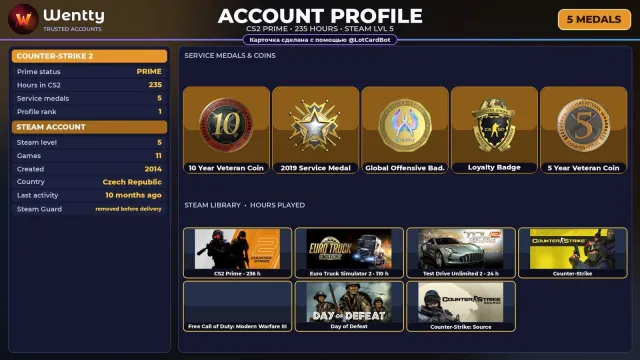 🔥 [CS2 PRIME] +5 RARE MEDALS: 10 YEARS · SERVICE 2019 — 2014 | +6 GAMES | FULL ACCESS #3W2GLA, Sale, Inventory empty, PRIME available