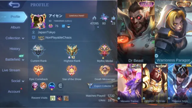 116 HERO & MAX EMBLEM • COLLECTOR NATALIA / LUCKYBOX ROGER / LIGHTBORN TIGREAL / RECALL FIRE CROWN, Sale, Rank: Grandmaster, Level: 106, Winrate: 51%, Heroes: 116, Skins: 190