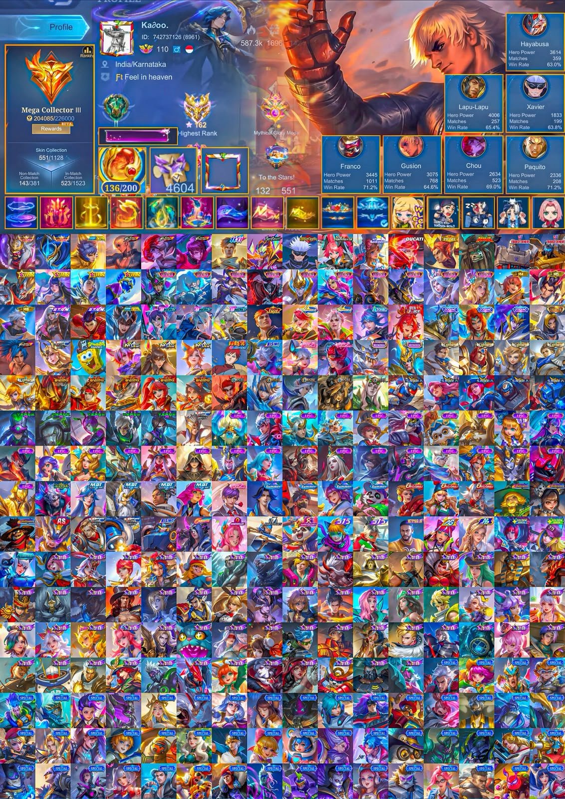 Mega 3, Good WR, Legend KOF, JJK, NeoBeast, Ducati, Aspirant, TP, Border, Global 🔥, Sale, Rank: Mythical Immortal, Level: 130, Winrate: 57%, Heroes: 132, Skins: 551
