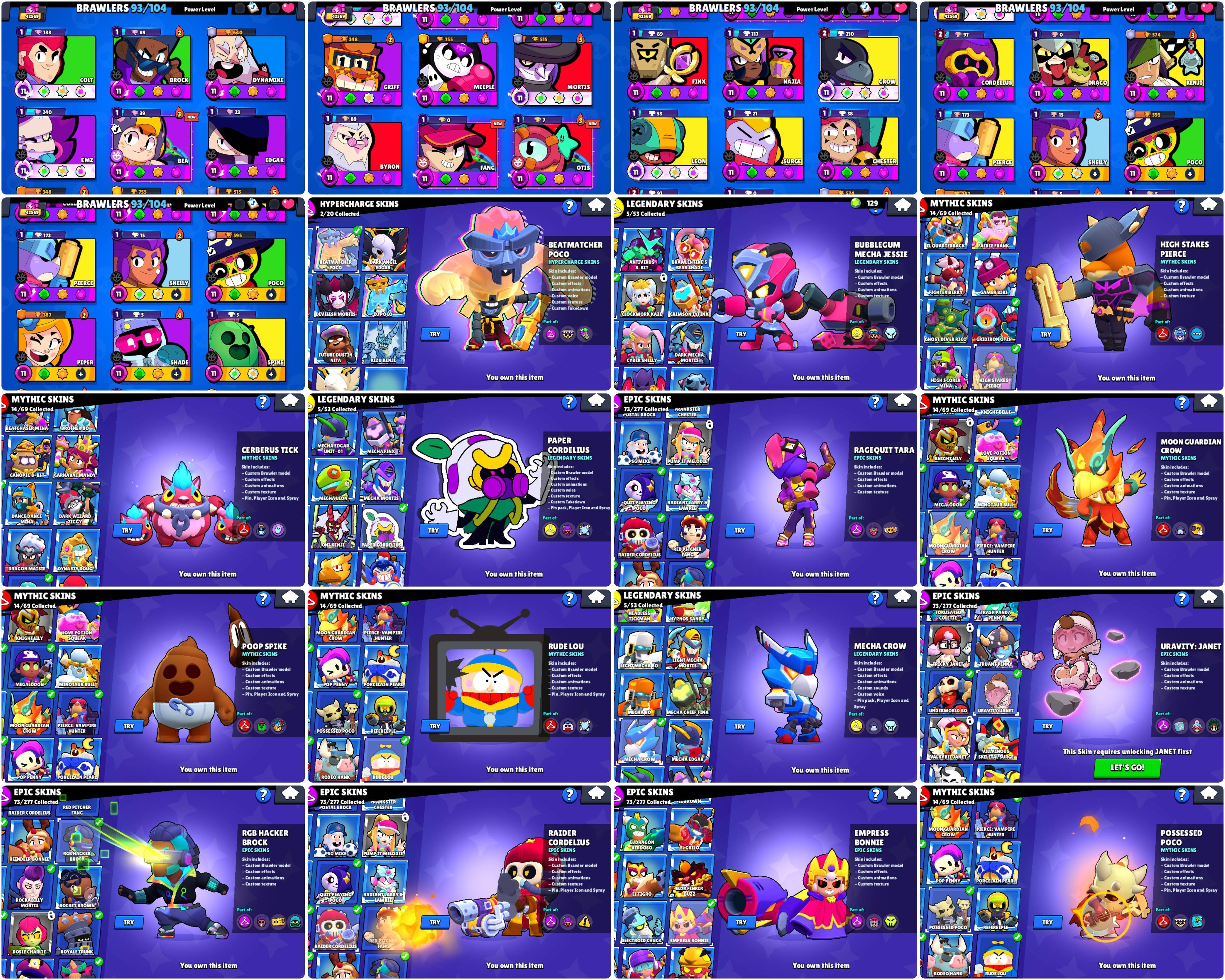 30 BUFFIES💚27 MAXED💚42k🏆LEGENDARY LEAGUE💖2-2 lvl PRESTIGE💚 SEE SCREENSHOTS, trophies 42500, brawlers 93, primes 23