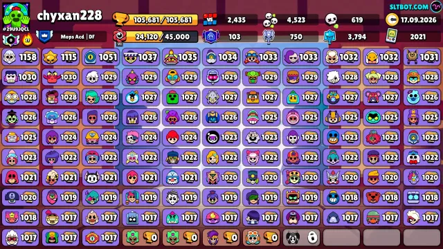 🏆105𝐊🏆⭐️103ПРАЙМОВ🟡49К Монет💎175 Кристалла💎✨33К БЛИНГОВ, 105681 кубков, 106 бравлеров, 103 праймов