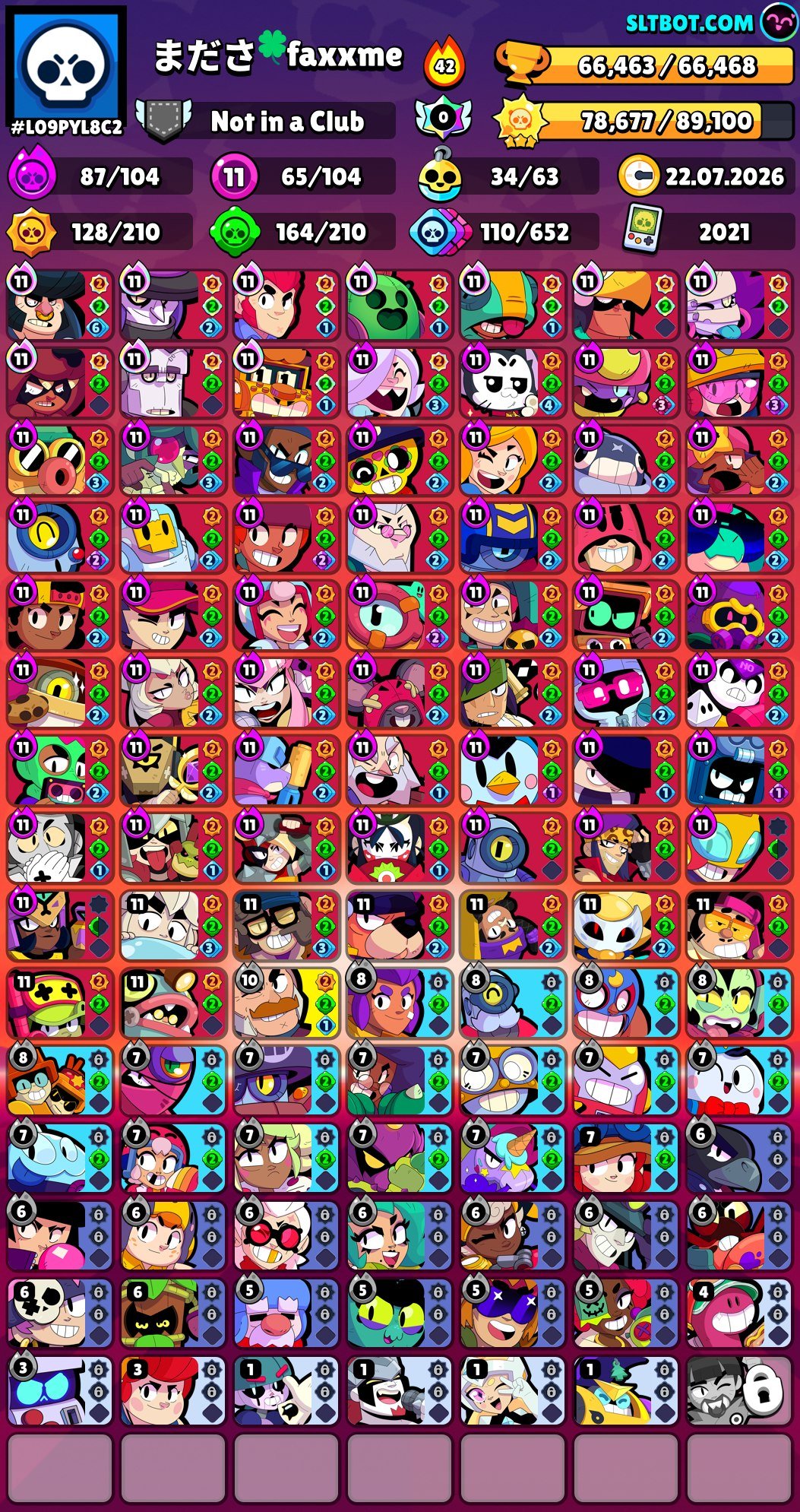 🏆66.4K🎀104/104✨7BP+, 3BP⚡400 SKINS💪65-11 power🌑 SOLAR GLORY III ❤️MATCHERINO PIN💯EMAIL FIRSTMAIL, trophies 66400, brawlers 104, primes 38