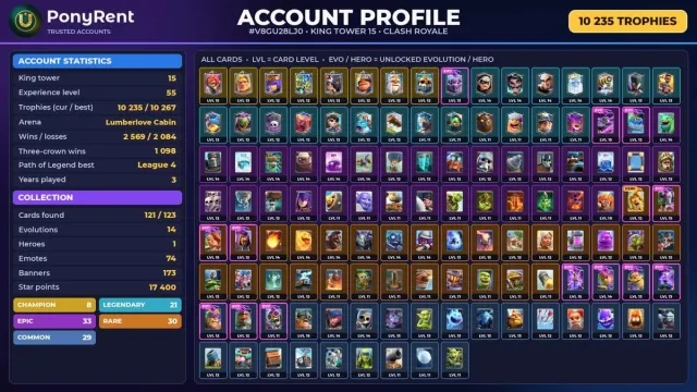 🦄 「CLASH ROYALE」 14 EVO ♡ 1 HERO ♡ 8 CHAMP. ♡ 74 EMOJIS ♡ 10 235 🏆 ♡ KING 15 🌸 #4AVTZW, 25 arena, 55 level, 10235 trophies, 121 cards, 21 leg, No