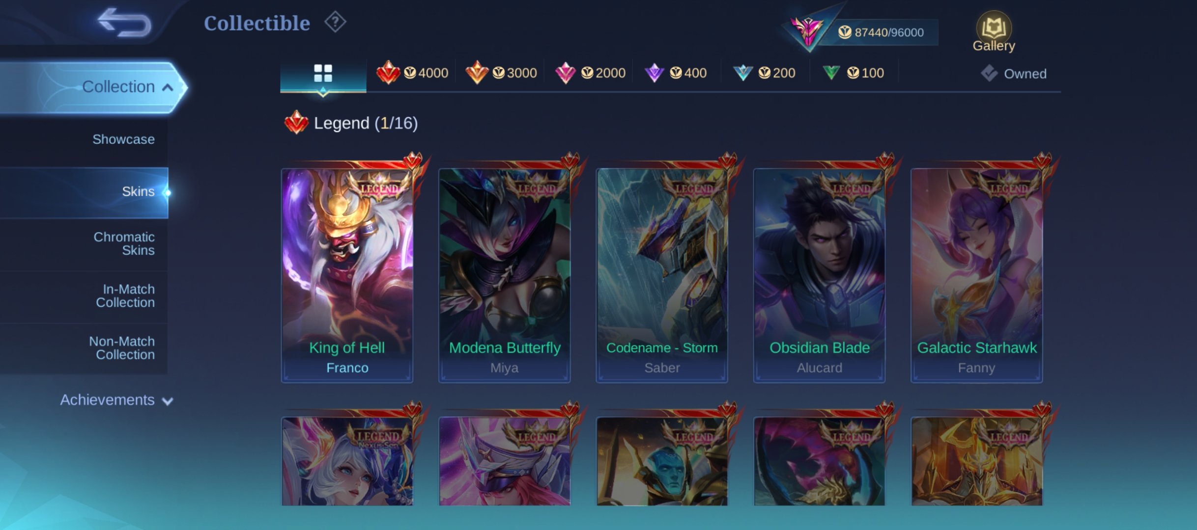 Collectors: LSS, Natasha; Lena Franko; Kof: Gvina, Karina; Korobki: Alfa, Freya; Prime Cloud;, Sale, Rank: Mythic, Level: 59, Winrate: 53%, Heroes: 120, Skins: 217