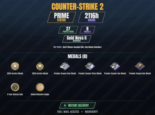 【CS2 Prime👑2100h✨8 medals】【DOTA 2 398 WINS】 Service Medal 2025, Service Medal 2026, Premier, Sale, With inventory, Has PRIME