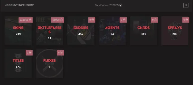 Massive 232k+ VP Stacked Valorant Account | Champions & VCT Exclusives, Продажа, Расцвет 3, Агентов: 24, Скинов: 239
