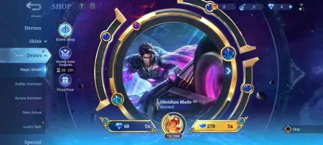 Kof karina🔥Star gord luckybox Roger gatotkaca🔥natalia🔥epic moskov freya🔥MC 78 draw, Sale, Rank: Mythic, Level: 46, Winrate: 53%, Heroes: 81, Skins: 153
