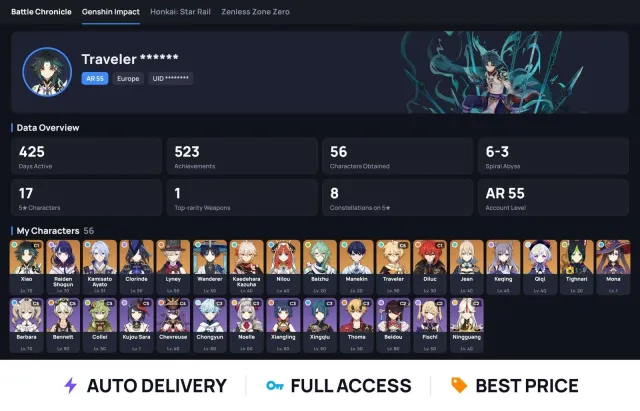 (ALL DEVICES · Europe) ✨ AR 55 ✨ 17 five-star ✨ Xiao C1 + Raiden + Kamisato Ayato + Clorinda, Any platform, Email linked, Any, Levelled up, AR 55