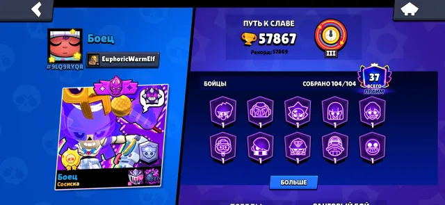 ⚡️A good account with limited skins, perfect for start, trophies 57800, brawlers 104, primes 37