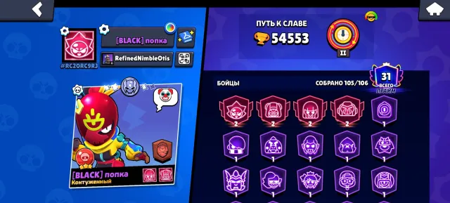 54533 106 out of 107 fighters 31 prime 4-2 price, 54553 trophies, 106 brawlers, 31 primes