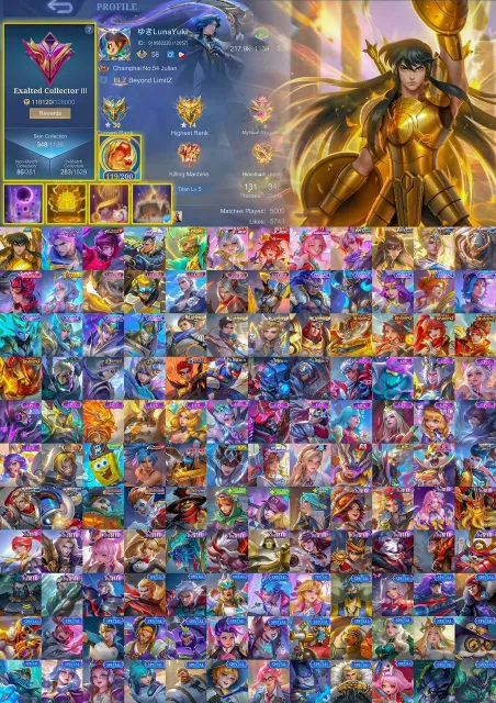 🛡️ Lifetime Guarantee 🥋 Chou — Golden Shensheya ⚡ Nolan — Nexus ✨ Claude — Sandrio, Продажа, Ранг: Мифический, Уровень: 58, Процент побед: 100%, Герои: 131, Облики: 348