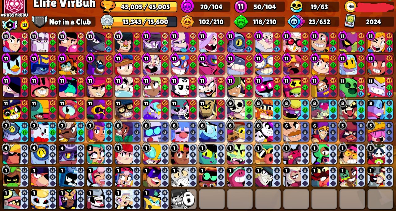 😍𝑃𝑢𝑚𝑝𝑖𝑛𝑔💎🏆𝟒𝟓𝟎𝟎𝟓 cups🏆🥊𝟏𝟎𝟒/𝟏𝟎𝟒 brawlers🥊🌈𝟐𝟗𝟗 skins ≈𝟑𝟑K gems🔥✅𝟓𝟎 x11 POWER✅, trophies 45005, brawlers 104, primes 33