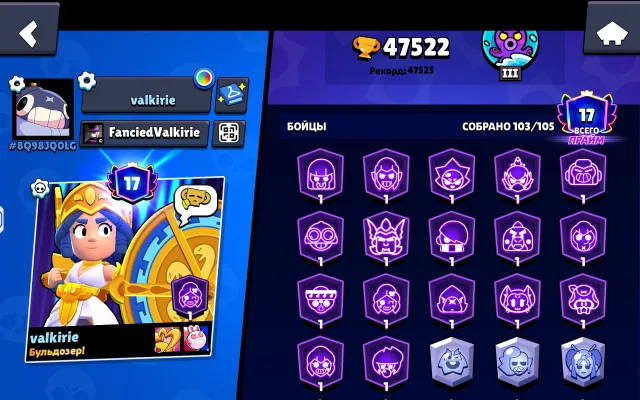 Account since 2019 47522 trophies, 47522 cups, 103 brawlers, 17 primes