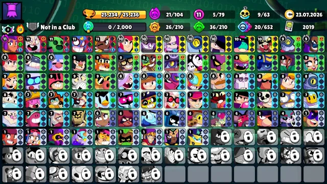 🌳2019🌳💎22K COINS💎🎫1 BP🎫🎭OLD SKINS🎭🔮21 HYPERS🔮❤️🔥MECHA-COLT❤️🔥❄️SNOW AMBER❄️MECH.MORTIS⚔️, trophies 25234, brawlers 79