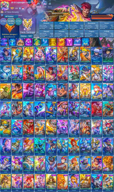 MEGA-1🔥2 DUCKETS🔥HARRIT HUNTER🔥JJK JUL AND KSAVA🔥ZENITH SELENA🔥STARWARS🔥NARUTO🔥ZENITH🔥EXORCIST🔥ALLSTAR, Sale, Rank: Epic, Level: 166, Win Rate: 54%, Heroes: 133, Skins: 587