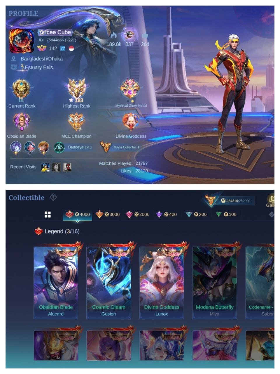 🔥Mega collector KOF full phase 1 Star war's 2 dawing Chou metro zero 2 aspirnt granger collector 5, Sale, Rank: Mythic, Level: 142, Winrate: 58%, Heroes: 133, Skins: 600