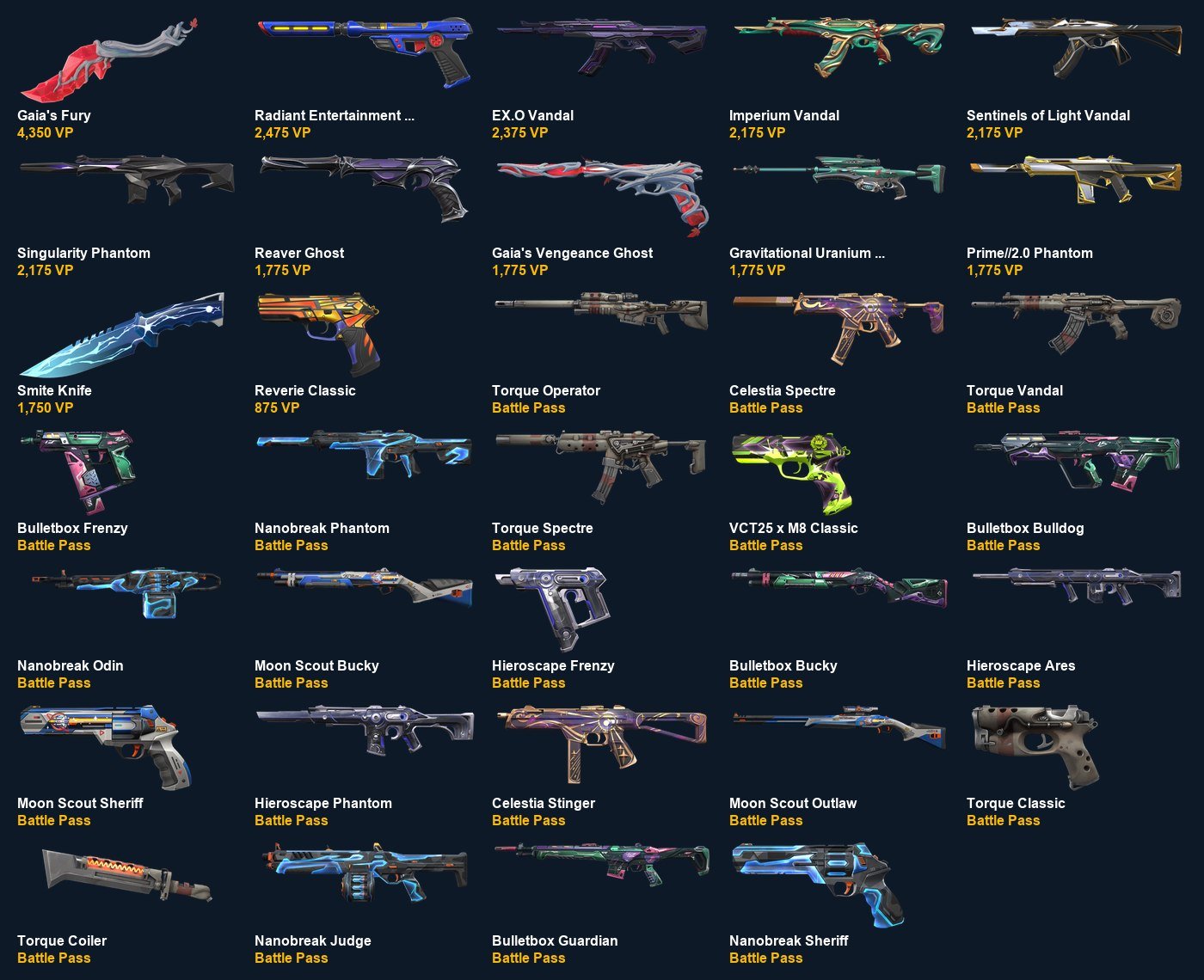 VA4020 EU Gaia's Fury+EX.O Vandal+Imperium Vandal+Sentinels of Light Vandal+Singularity Phantom, Sale, Ranked unlocked, Agents: 10, Skins: 34