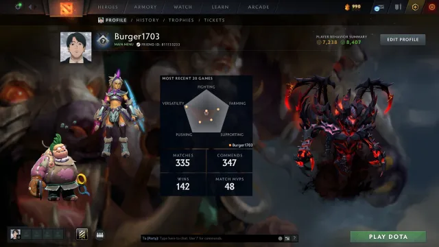 〖 Calibration ✦︎ Persona Pudge, Anti-Mage (AM) — Inventory ✦︎ Rating is open 〗, Sale, 8407 Behavior score, 7238 вежливости, 335 games