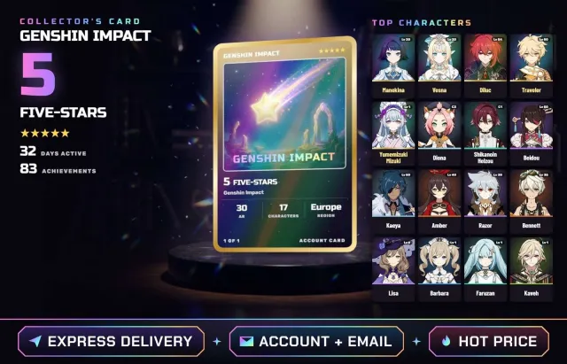 🌸 ALL DEVICES • EUROPE ✧ 5 FIVE-STAR CHARACTERS • AR 30 ✧ Manekina, Vesna, Diluc, Traveler, Any platform, Email linked, Any, Levelled up, AR 30