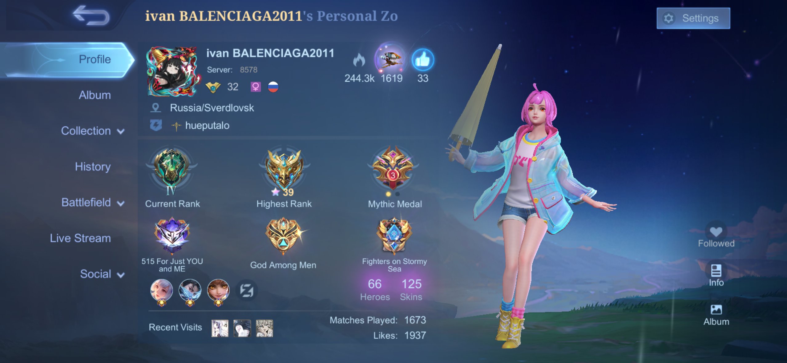 LACKEYBOX RUBY, KAGURA AND FRANCO, COFF CARINA AND AVRORA, RESEARCHER CHAN E. COVENANTS, Sale, Rank: Epic, Level: 60, Winrate: 55%, Heroes: 65, Skins: 122