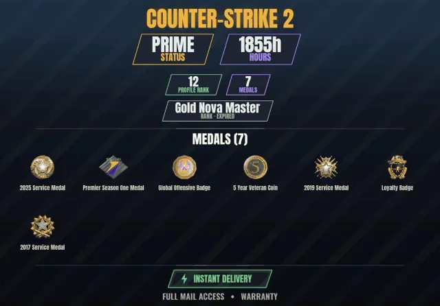 CS2 Prime✨1800h🏆7 medals Medal for Service 2017, Medal for Service 2019, Medal for Service, Sale, With inventory, Has PRIME