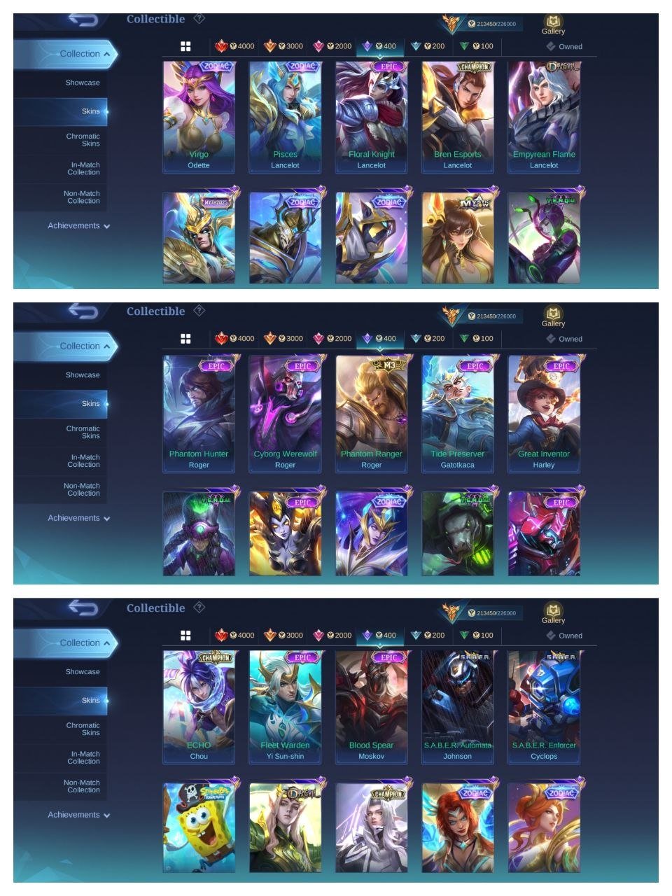 🔥Mega Collector Legend Gusion Franco JJK Julian Exosorst YUZHONG Lord shin Ling KOF Gusion transfer, Sale, Rank: Mythic, Level: 125, Winrate: 53%, Heroes: 132, Skins: 534