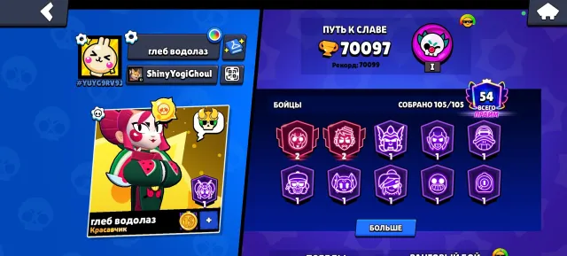 account for a base, 70000 trophies, 105 brawlers, 54 primes