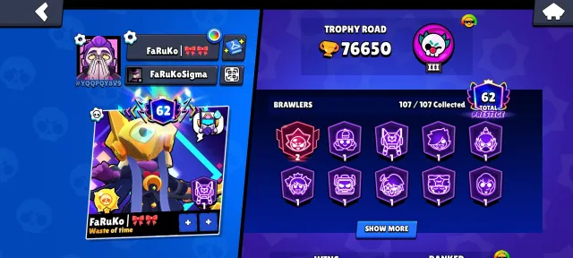 🎃 FAT ACCOUNT IN BRAWL STARS 76650 CUPS, 65+ TITLES, 62 PRIME, MANY SKINS AND MUCH MORE🎃, 76650 cups, 107 brawlers, 62 primes