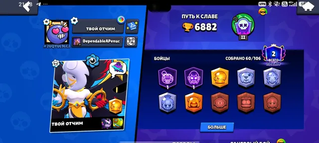 11 legendary skins, 1 hyper + 6 rare brawlers, 6882 trophies, 60 brawlers