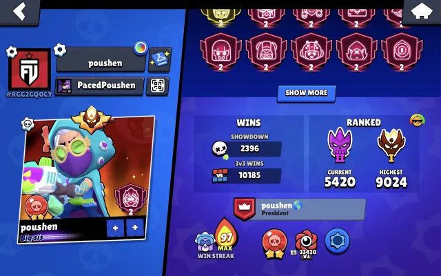 FOR SALE: LOADED ACCOUNT WITH EXCELLENT CHARACTER LEVELING. MASTER 9000 ELO. 3 PRIME ON JANET🥵🥵🥵, 88500 trophies, 106 brawlers, 74 primes