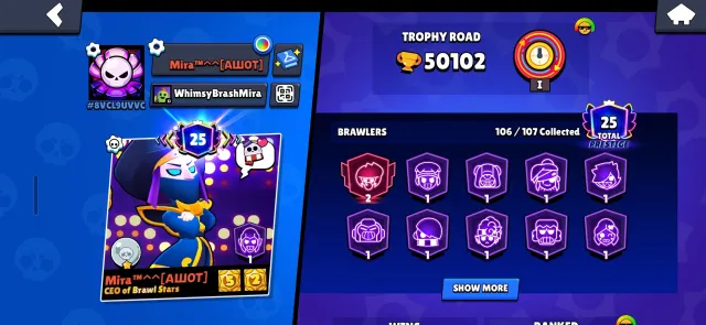 good account 21 years old, 50000 trophies, 106 brawlers, 25 primes
