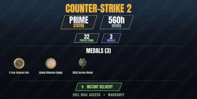 【CS2 Prime✨560h🏆3 medals】 Service Medal 2020, 5-Year Veteran Coin, Global Offensive Badge, Sale, With inventory, Has PRIME
